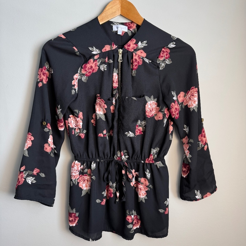 Stella‎ Tweed 1/2 Zip Floral Long Sleeve Satin Peplum Blouse Black Elastic Waist